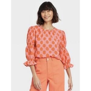 Who What Wear Orange Polka Dot Puff Sleeve Blouse Women’s S